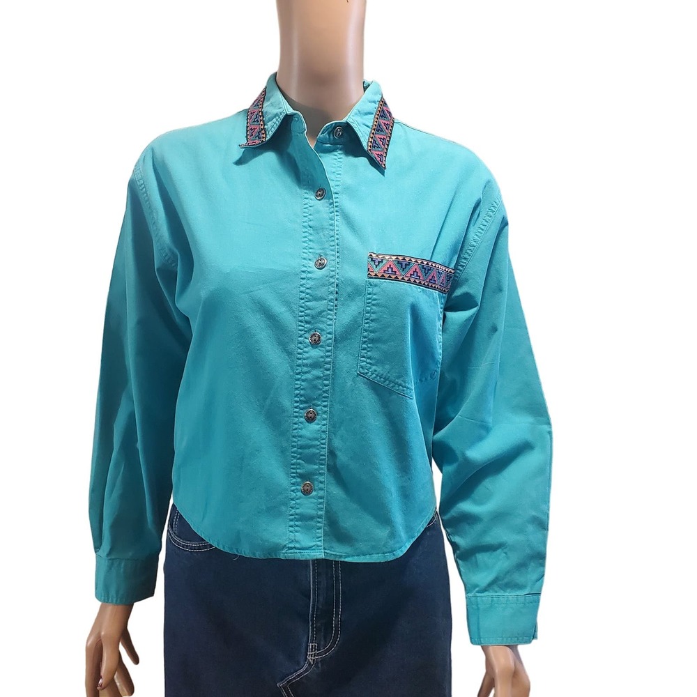 Vintage Nuovo Sz S Aztec Embellished Blue Cotton Cropped Button Up Shirt